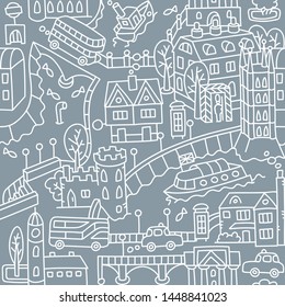 London. Seamless vector background pattern with river and streets, old houses and bridges, buses and cabs, taxi, roads and trees