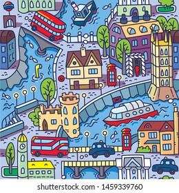 London. Seamless vector background pattern with river and streets, old houses and bridges, buses and cabs, taxi, roads and trees. In bright colors