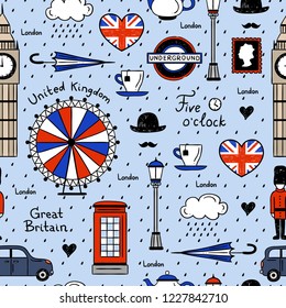 London seamless vector pattern. Retro background with english elements and illustrations