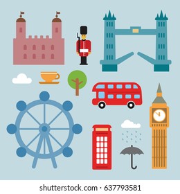 london set bridge red bus travel icon flat vector isolated building sights telephone box booth england london tourism big wheel big ben london city guide rain umbrella