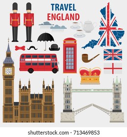 London Set of London city symbols. England/United Kingdom vector illustrations. London Travel icons: red bus and Tower Bridge, Big Ben and Queen, British flag and tea, telephone box and umbrella, map.