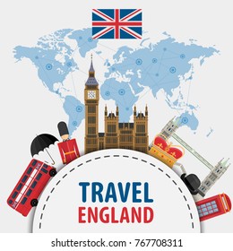 London Set of London city symbols. England/United Kingdom vector illustrations. London Travel icons: red bus and Tower Bridge, Big Ben and Queen, British flag and tea, telephone box and umbrella, map.