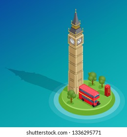 London. Set of detailed isometric vector. Big Ben, double decker bus and red kiosk. Famous landmarks.