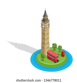 London. Set of detailed isometric vector. Big Ben, double decker bus and red kiosk. Famous landmarks.