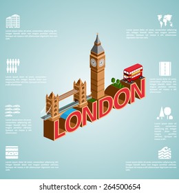  London. Set of detailed isometric vector. English bus, Tower Bridge and Big Ben. Infographics EPS 8.