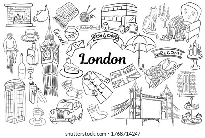 London set isolated elements hand drawn  on white  background. Vector illustration doodle style. Sutable elements for greeting cards, posters, stickers and postcards design. 