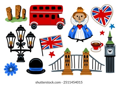 Conjunto de Londres, Reino Unido Desenho Animado Ícones Design Travel Concept. Ônibus vermelho, rainha, ponte. Grande Ben. Ilustrações vetoriais de marcos de viagem.