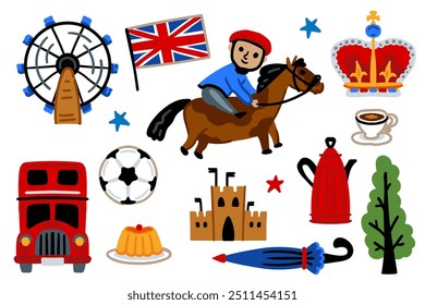 Conjunto de Londres, Reino Unido Iconos de dibujos animados Design Travel Concept. Autobús rojo, castillo, jinete, corona. Lugares famosos de viaje Ilustraciones vectoriales.