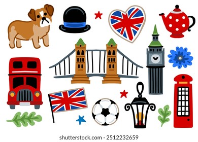 Conjunto de Londres, Reino Unido Iconos de dibujos animados Design Travel Concept. Autobús rojo, bulldog, balón de fútbol. Lugares famosos de viaje Ilustraciones vectoriales.