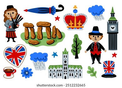 Conjunto de Londres, Reino Unido Desenho Animado Ícones Design Travel Concept. Ônibus vermelho, castelo, guarda-chuva, coroa. Ilustrações vetoriais de marcos de viagem.