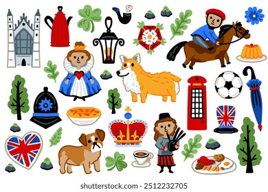 London set, United Kingdom Cartoon Icons Design Travel Concept. Red bus, castle, umbrella, crown. Travel landmarks vector illustrations.