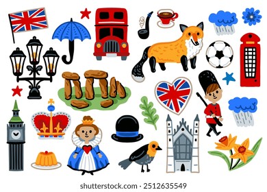 Conjunto de Londres, Reino Unido Iconos de dibujos animados Design Travel Concept. Autobús rojo, castillo, paraguas, corona. Lugares famosos de viaje Ilustraciones vectoriales.