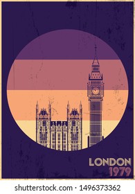 London Sight Showplace Parliament Building, Big Ben 1970s Poster Style Vintage Colors, Grunge Texture Pattern