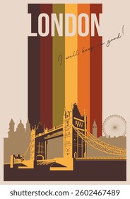 London Sight Tower Bridge and Cityscape, 1970s Color Lines Postcard, Main London's Landmark Poster