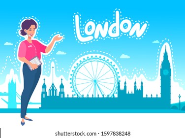 London sights. The girl guide points a gesture with her hand, smiles. Buildings in the background. Vector cartoon illustration design.