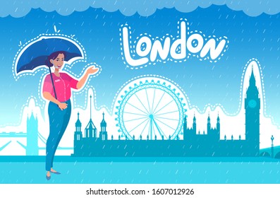 London sights. The girl guide points a gesture with her hand, smiles. Buildings in the background. Cloudy weather. Vector cartoon illustration design.