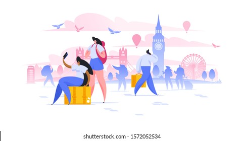 London sightseeing holiday flat vector illustration. Girlfriends tourist with backpacks taking selfie on smartphone cartoon characters. European city landmarks excursion. Vacation in Europe