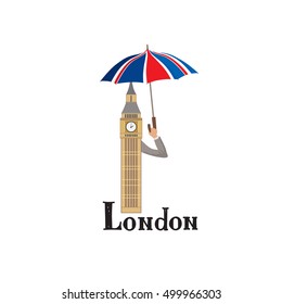 London sign hand lettering. British jack flag colored umbrella and Big Ben tower