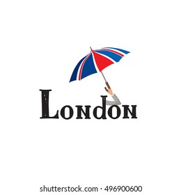 London sign. Handwritten lettering and British jack flag colored umbrella