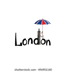 London sign. Handwritten lettering,  British jack flag colored umbrella and Big Ben tower