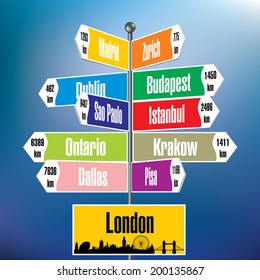 London signpost with cities and distances - vector illustration