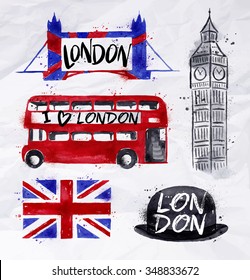 London Signs Big Ben, Flag, Bus, Tower Bridge, Bowler Hat, Drawing With Drops And Splash On A Crumpled Paper