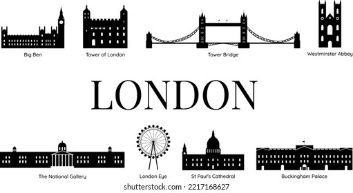 London silhouette in black-and-white color. London's tourist attractions	