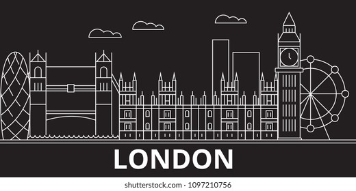 London silhouette skyline. Great Britain - London vector city, british linear architecture, buildings. London travel illustration, outline landmarks. Great Britain flat icons, british line banner