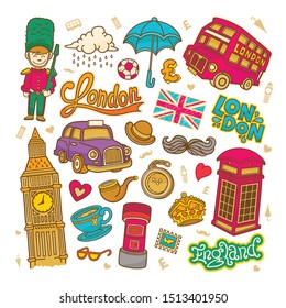 London sketch illustration, set of hand drawn Vector doodle English elements, London symbols collection