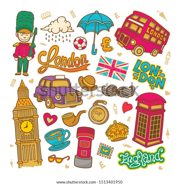 London sketch\
illustration, set of hand drawn Vector doodle English elements,\
London symbols\
collection