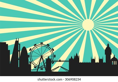 London skyline behind  sun ray background, Vector illustration