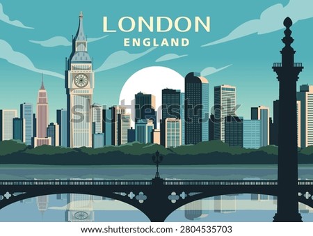 London skyline with Big Ben and Westminster Bridge in flat style on blue sky background for travel and tourism design Vector illustration