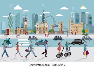 London Skyline and Business People Walking. Cityscape of London city, with its skyline in the background. Business people go to their jobs.