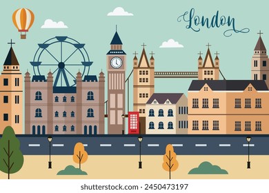 Londoner Skyline Konzept Flache Vektorillustration, Travel to London Konzept mit Skyline und berühmten Gebäuden Wahrzeichen