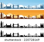 London skyline day and sunset banners and plain silhouettes with and without reflection.