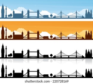 London skyline day and sunset banners and plain silhouettes with and without reflection.