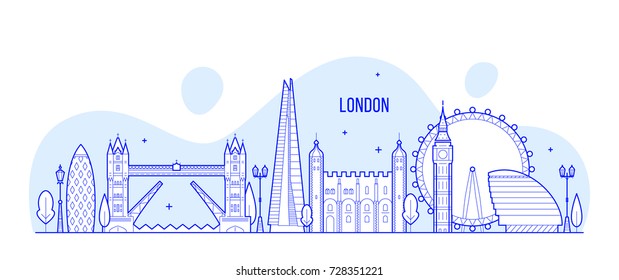 Esquina de Londres, Inglaterra, Reino Unido. Esta ilustración vectorial representa la ciudad con sus edificios más notables. El vector es totalmente editable, cada objeto es holístico y móvil