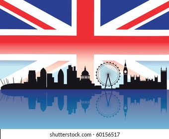 London skyline with flag and reflection of buildings in the thames