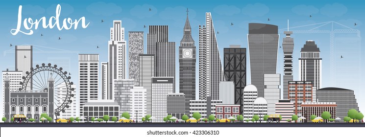 London Skyline with Gray Buildings and Blue Sky. Business Travel and Tourism Concept with Modern Buildings. Image for Presentation Banner Placard and Web Site.