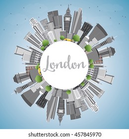 London Skyline with Gray Buildings, Blue Sky and Copy Space. Business Travel and Tourism Concept with Modern Buildings. Image for Presentation Banner Placard and Web Site.