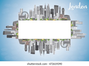 London Skyline with Gray Buildings, Blue Sky and Copy Space. Business Travel and Tourism Concept with Modern Buildings. Image for Presentation Banner Placard and Web Site.