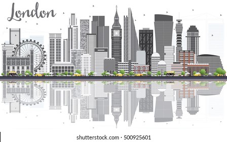 London Skyline with Gray Buildings, Blue Sky and Reflections Isolated on White Background. Business Travel and Tourism Concept. Image for Presentation Banner Placard and Web Site.