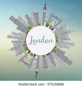 London Skyline with Gray Landmarks and Blue Sky. Vector Illustration. Business Travel and Tourism Concept with Historic Buildings and Copy Space. Image for Presentation Banner Placard and Web Site.