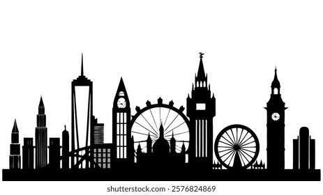 London skyline, iconic landmarks, silhouette, black and white, minimalist, urban landscape, Big Ben, London Eye, Tower Bridge