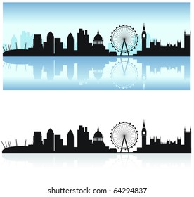 london skyline including all the tourist attractions as a detailed black silhouette with the thames reflection