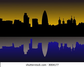 London skyline including gherkin and Tower of London at sunset illustration