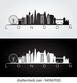 London skyline and landmarks silhouette, black and white design, vector illustration.