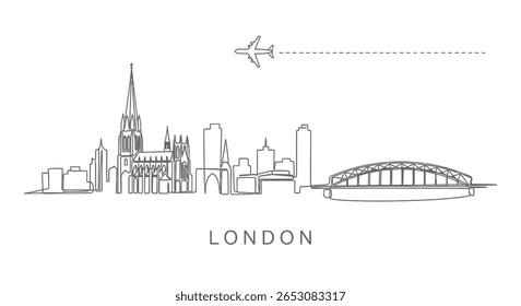 London Skyline Line Art com Plane Travel e Inglaterra.