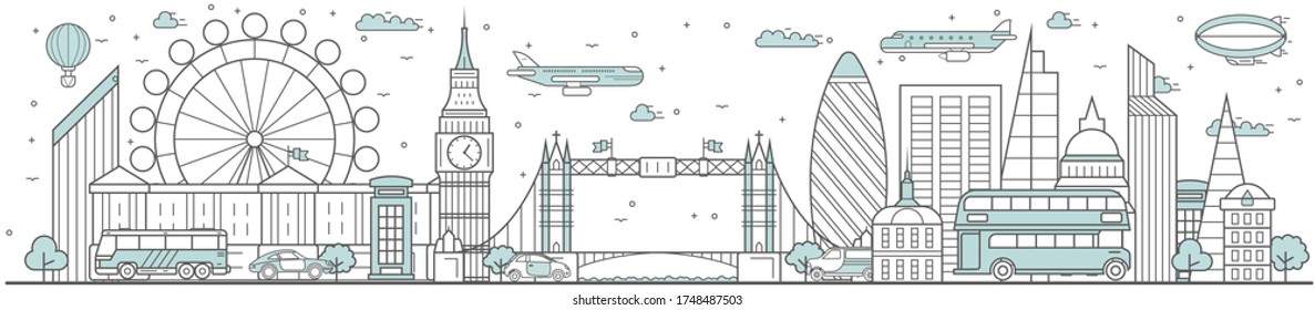 London skyline. Line cityscape with building landmarks horizontal panorama. London skyline with Big Ben, Tower Bridge street city sights. Capital city constructions outline, architecture concept