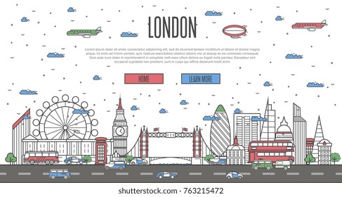 London skyline with national famous landmarks in trendy linear style. Worldwide traveling vector concept, touristic tour advertising with London historic architectural attractions on white background.